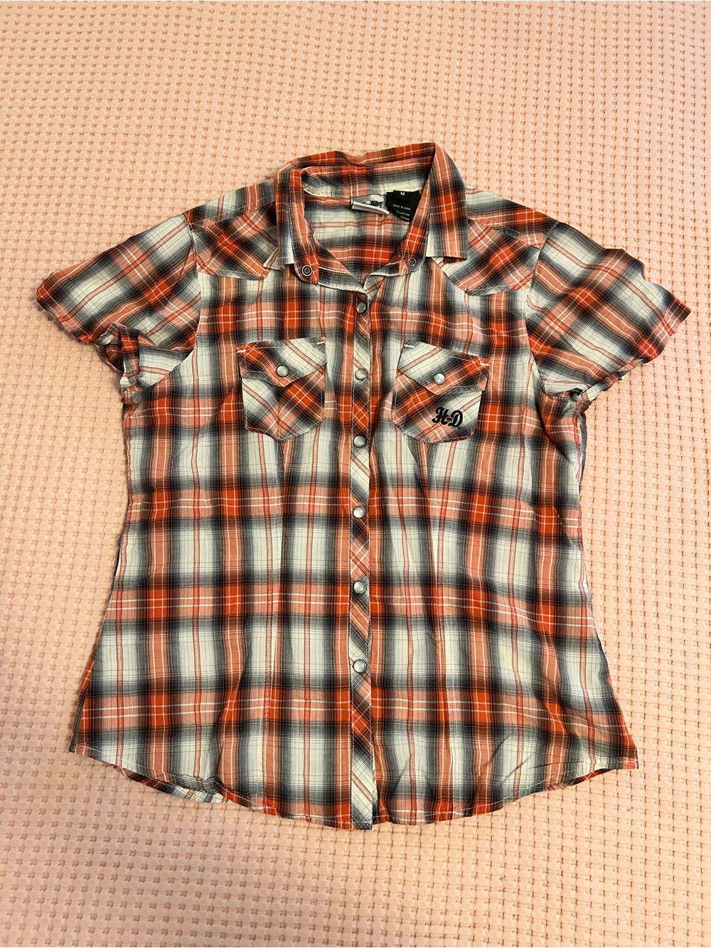 Harley-Davidson Orange and White Plaid Short-Sleeve Button-Down Shirt